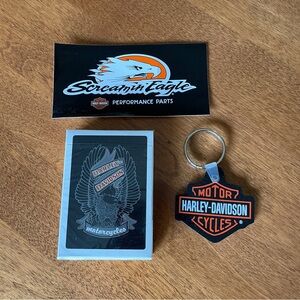 Harley Davidson Playing Cards, Screaming Eagle Sticker, and Key Chain